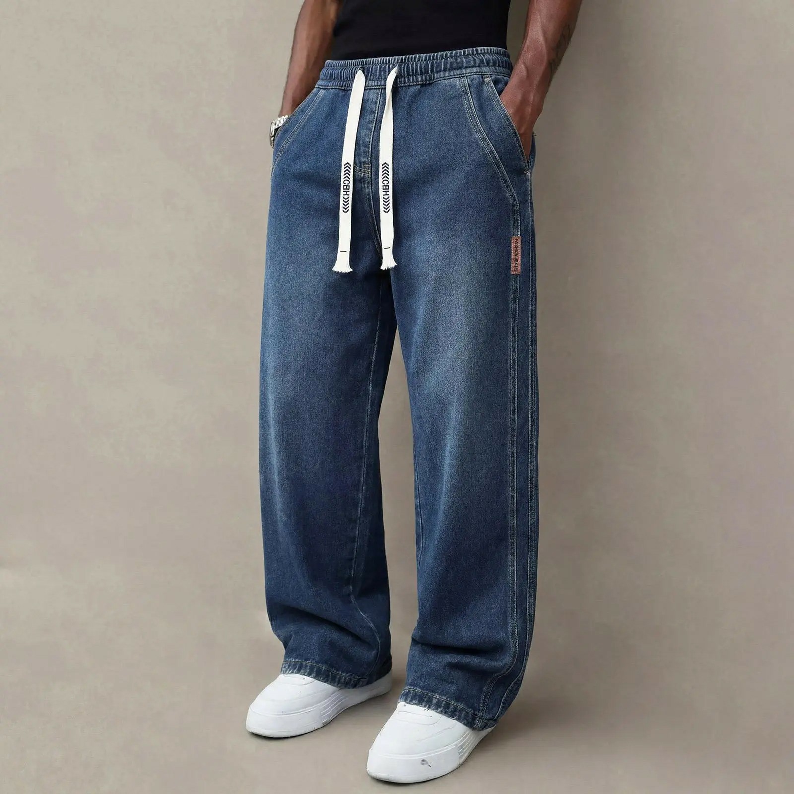 Men's Stretch Straight-Leg Denim Jeans – Vintage Wash Drawstring Casual Pants