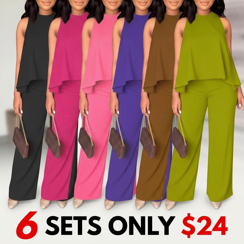 Women's Spring-Summer Set:Lightweight Flowy Halter Two-Piece with High-Waisted Wide Leg Pants–Comfortable