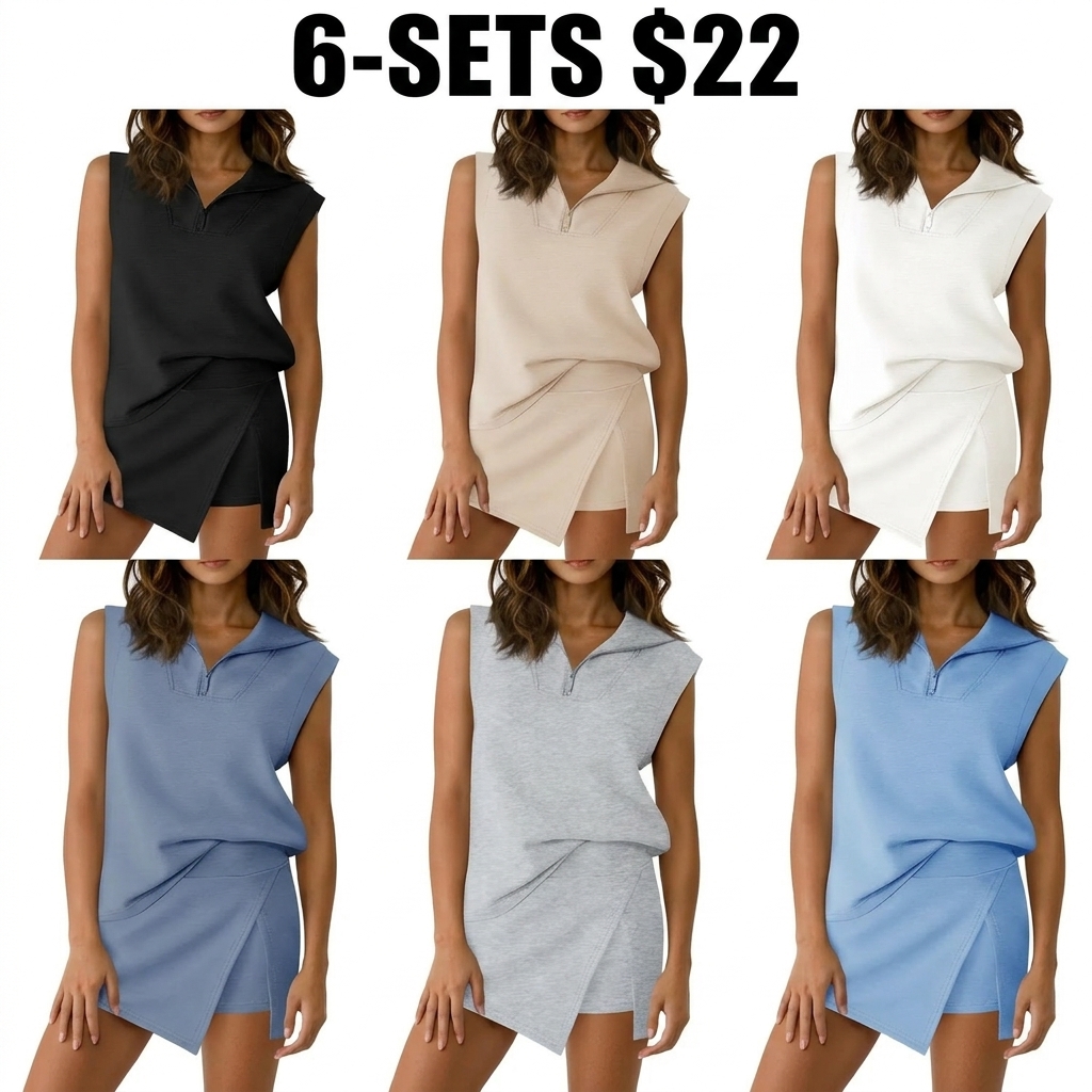 [HOT] Womens 2 Piece Skirt Sets Summer Sleeveless Half Zip Sweatshirt Athletic Skorts Tennis Outfits Casual Sweatsuits