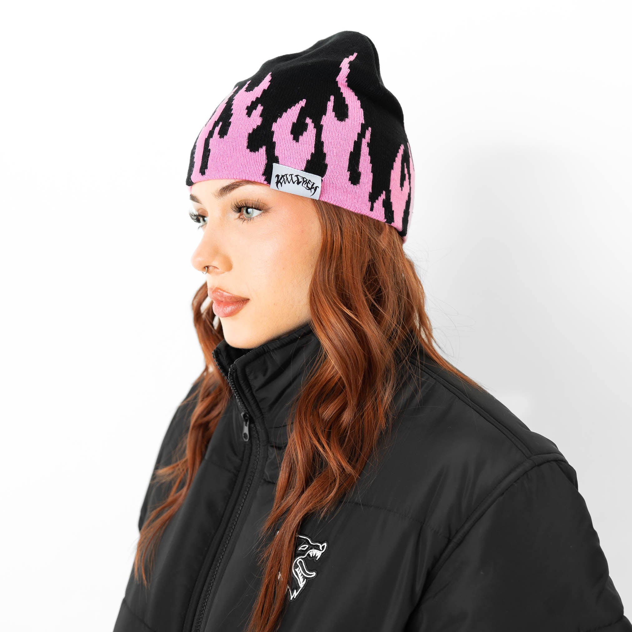 FLAME SKULL CAP BEANIE - BLACK / PINK