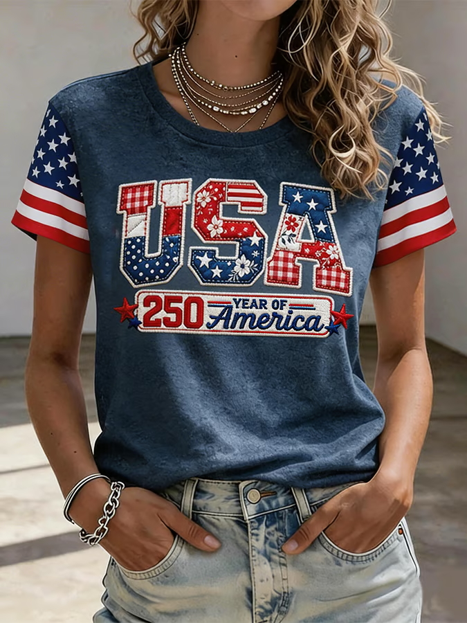 Women'S Casual Floral 250Th Anniversary Celebration Printed Round Neck T-Shirt In The United States