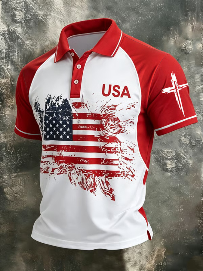 Men'S Retro American Founding Celebration Cross Sleeve Polo Shirt