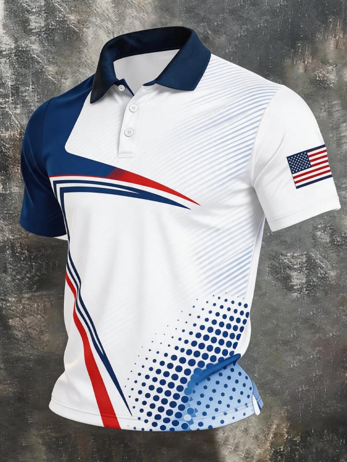 Men's Retro Patriotic Color-Block Short-Sleeve Polo Shirt