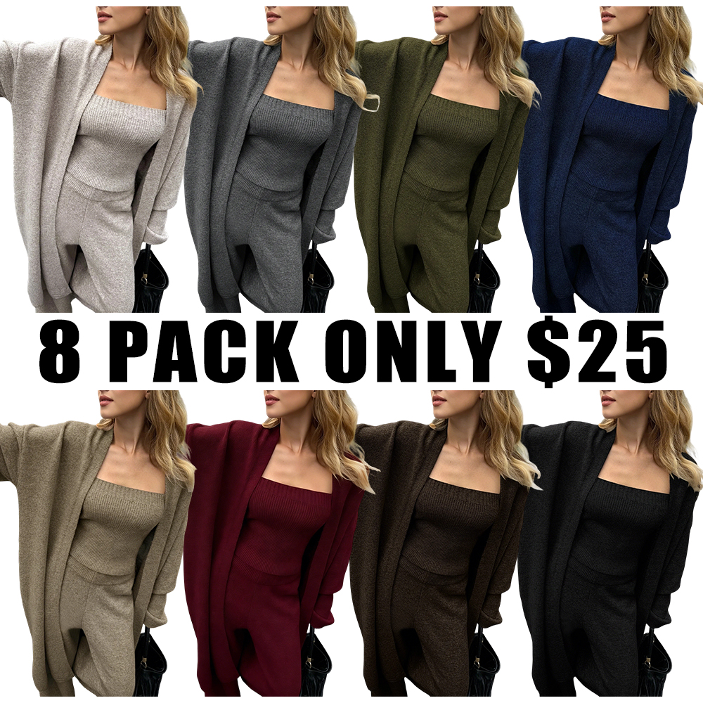 Three-Piece Knit Bustier Cardigan Pants Set