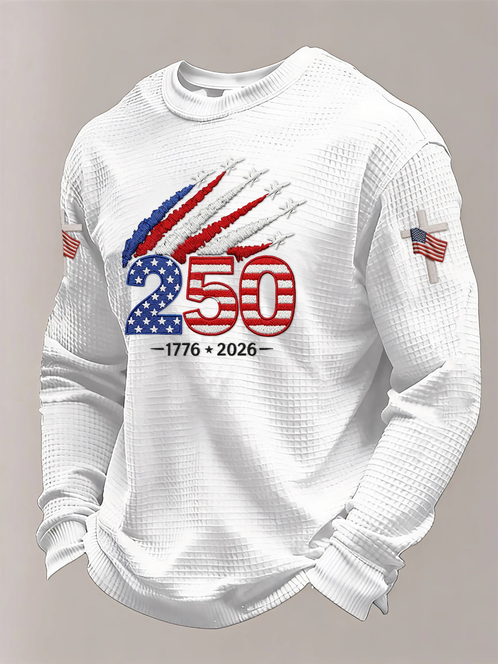 Men'S Retro Waffle American Flag Commemorative 250Th Anniversary Printed Long Sleeve Round Neck Sweatshirt