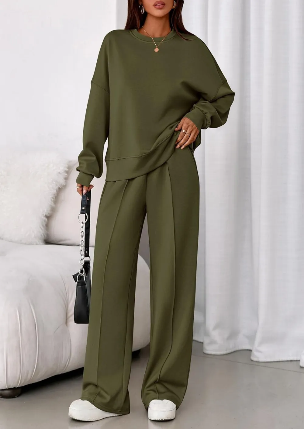 2 Piece Sets For Women Fall Trendy Long Sleeve Sweatshirt Wide Leg Pants Loungewear