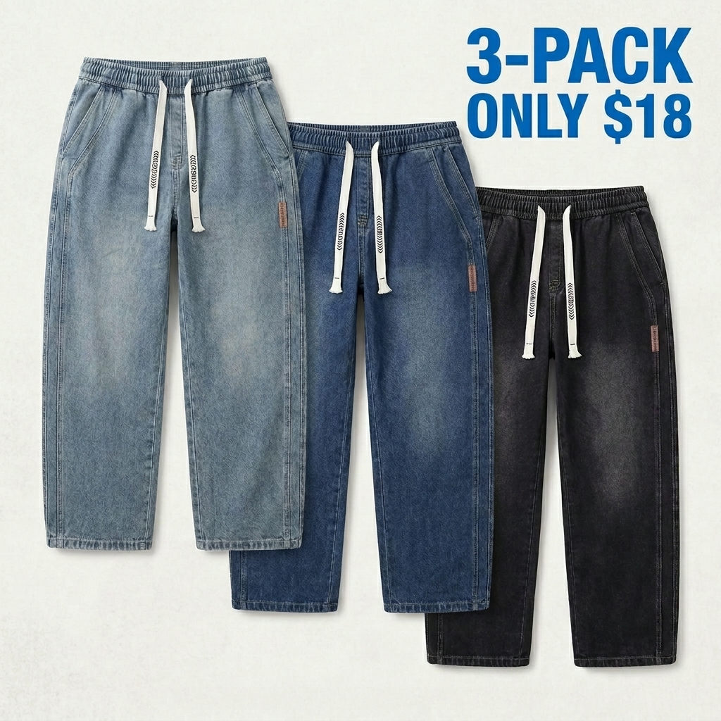 Men's Stretch Straight-Leg Denim Jeans – Vintage Wash Drawstring Casual Pants