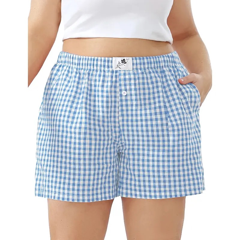 【Plus Size】Women's Plaid Print Patched Elastic Waist Shorts
