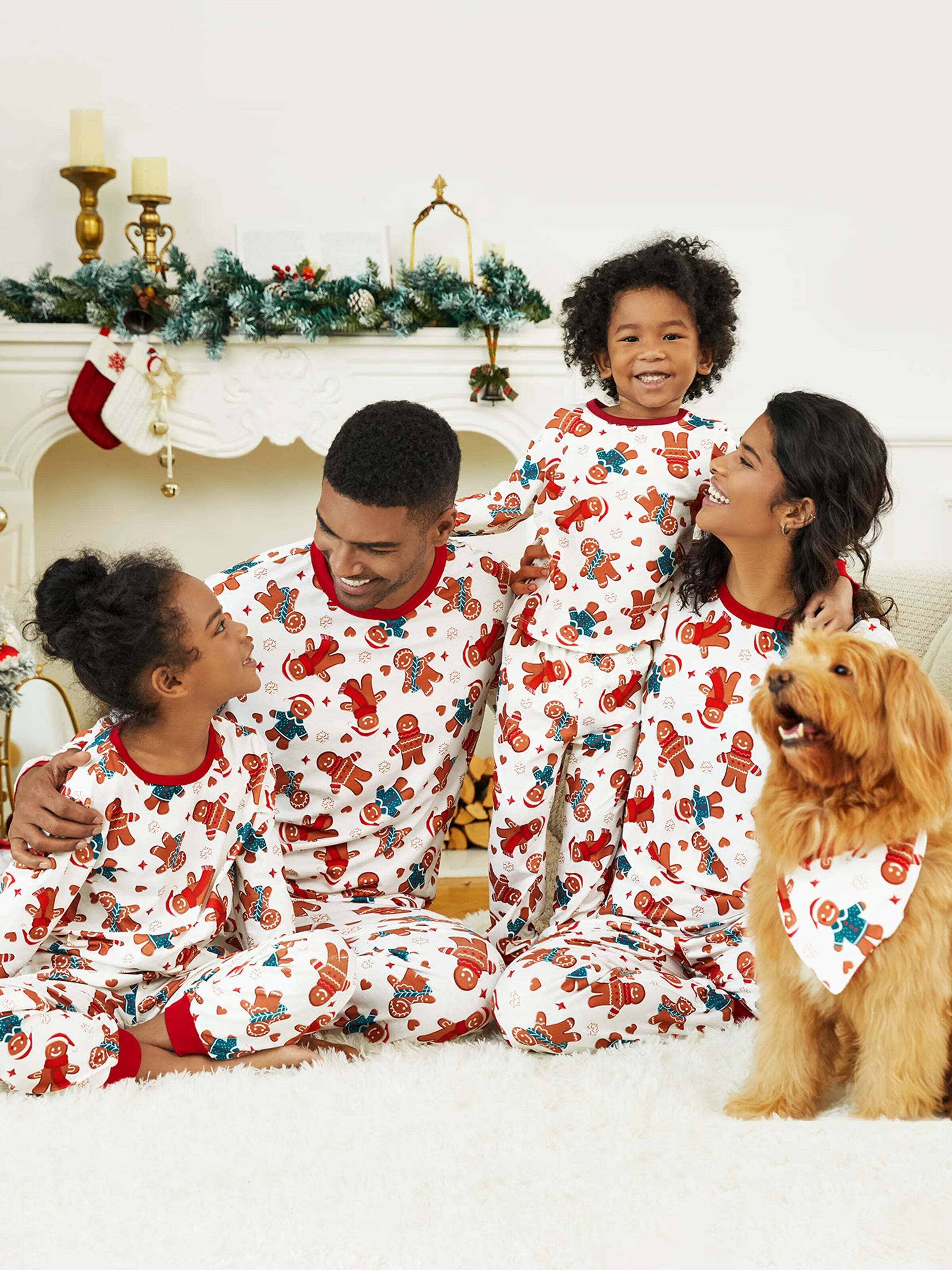 Christmas Family Matching Cartoon Gingerbread Man Allover Print Pajamas Sets with Christmas Socks White