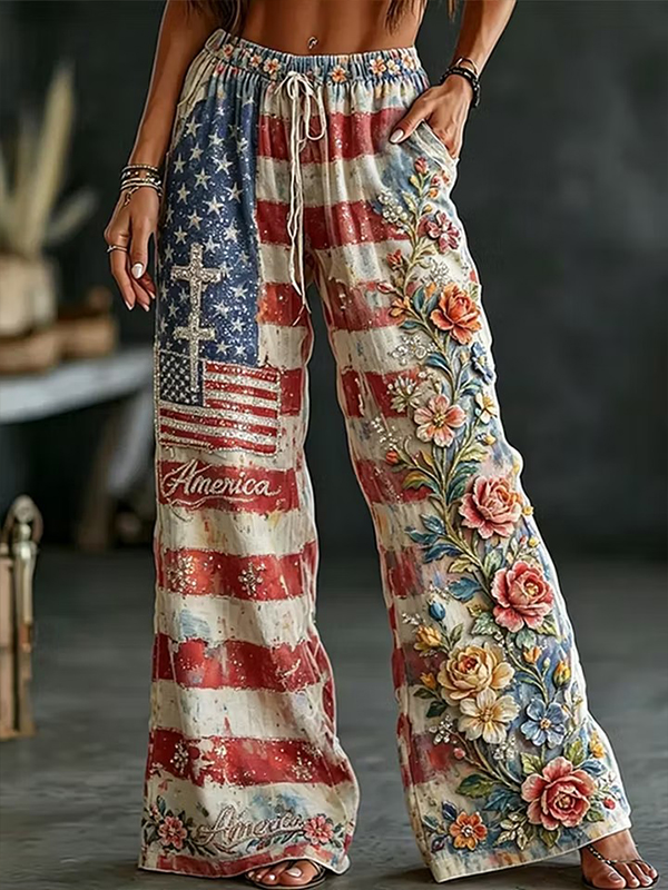 Women's America Cross Floral Stars and Stripes Print Casual Wide Leg Pants