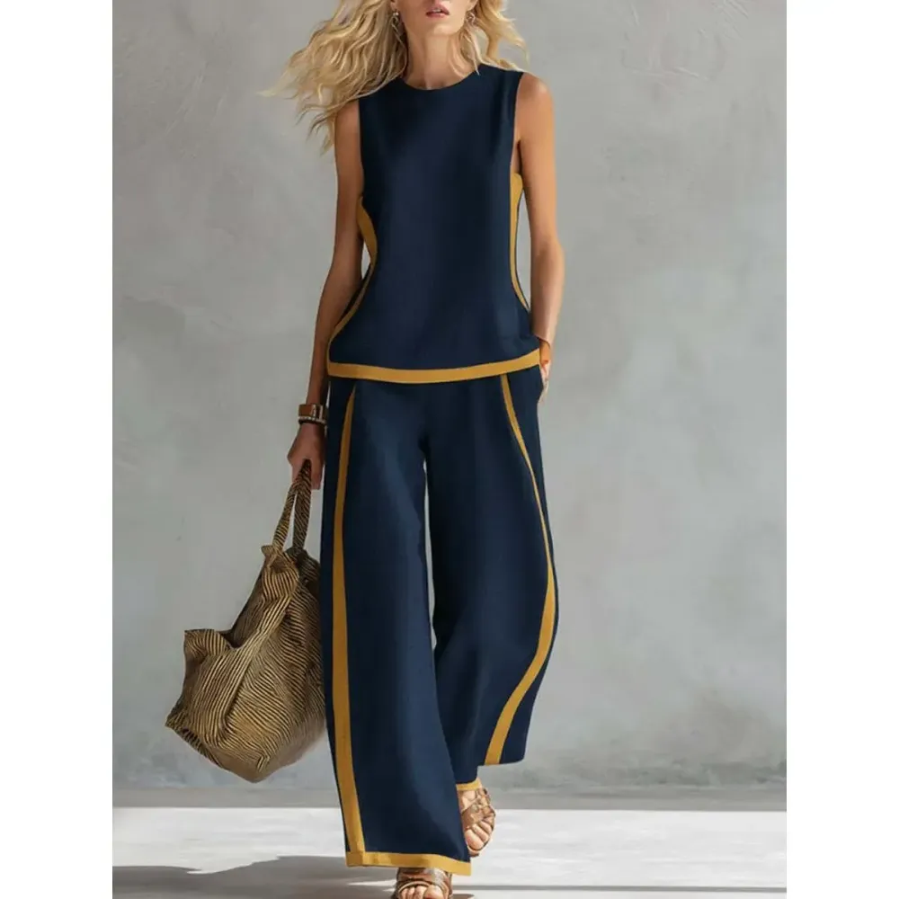 2026 Linen Blend Two Piece Set for Women Sleeveless Color Block Top Wide Leg Pants Set Casual Summer Outfit