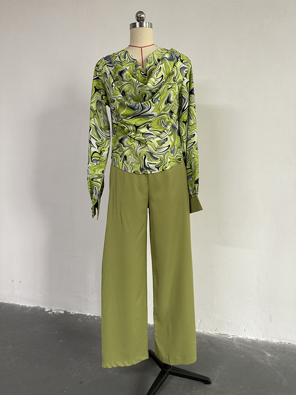 Printed Heaps Collar Long Sleeves Shirts Top + High Waisted Pants Bottom Two Pieces Set