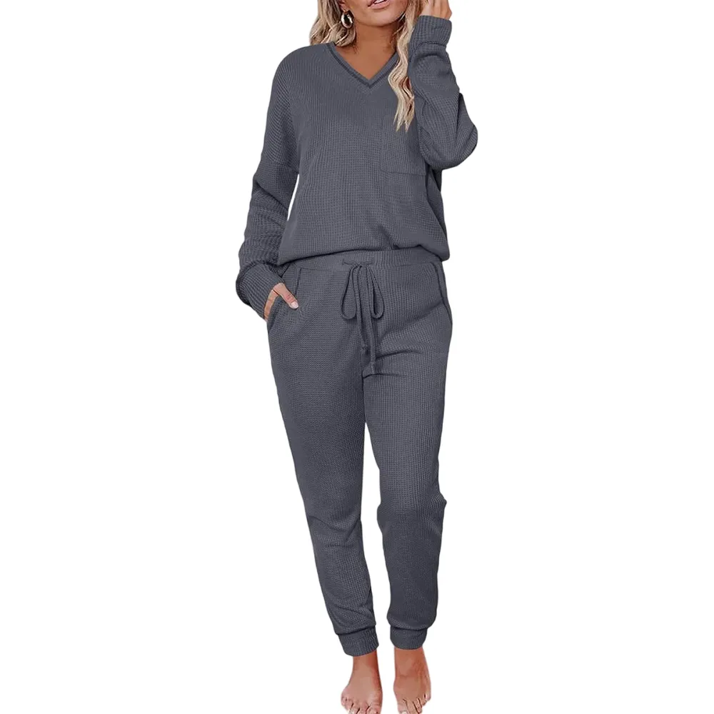 V-neck waffle knit top and pants casual set