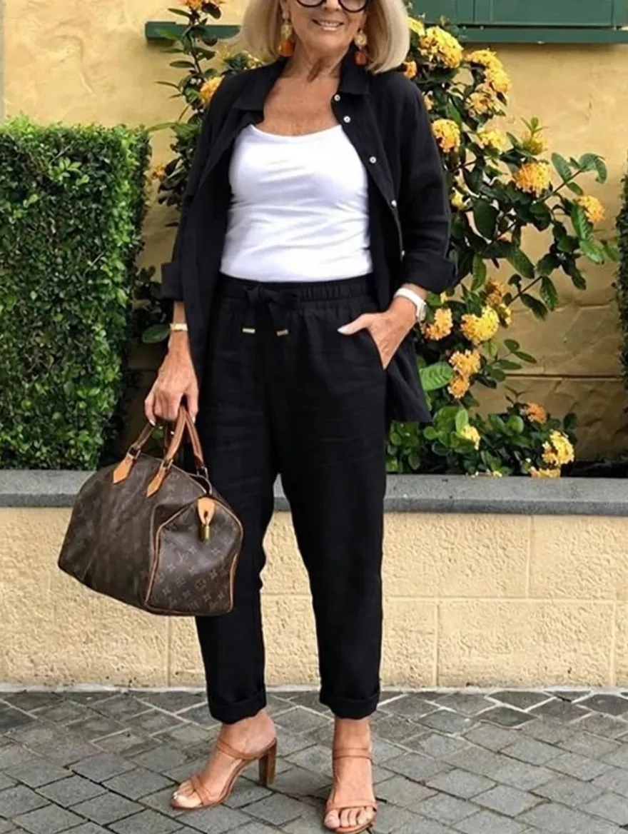 Solid Cotton Linen Women Suits  Casual