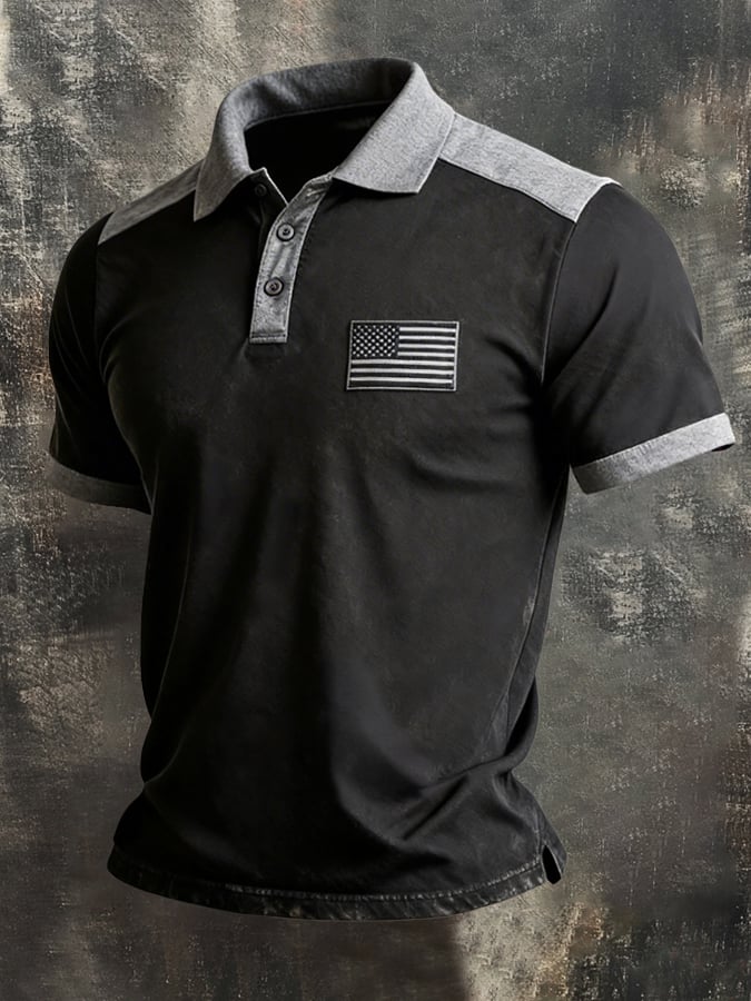 Men's Retro Patriot Color Block Polo Collar Short Sleeve