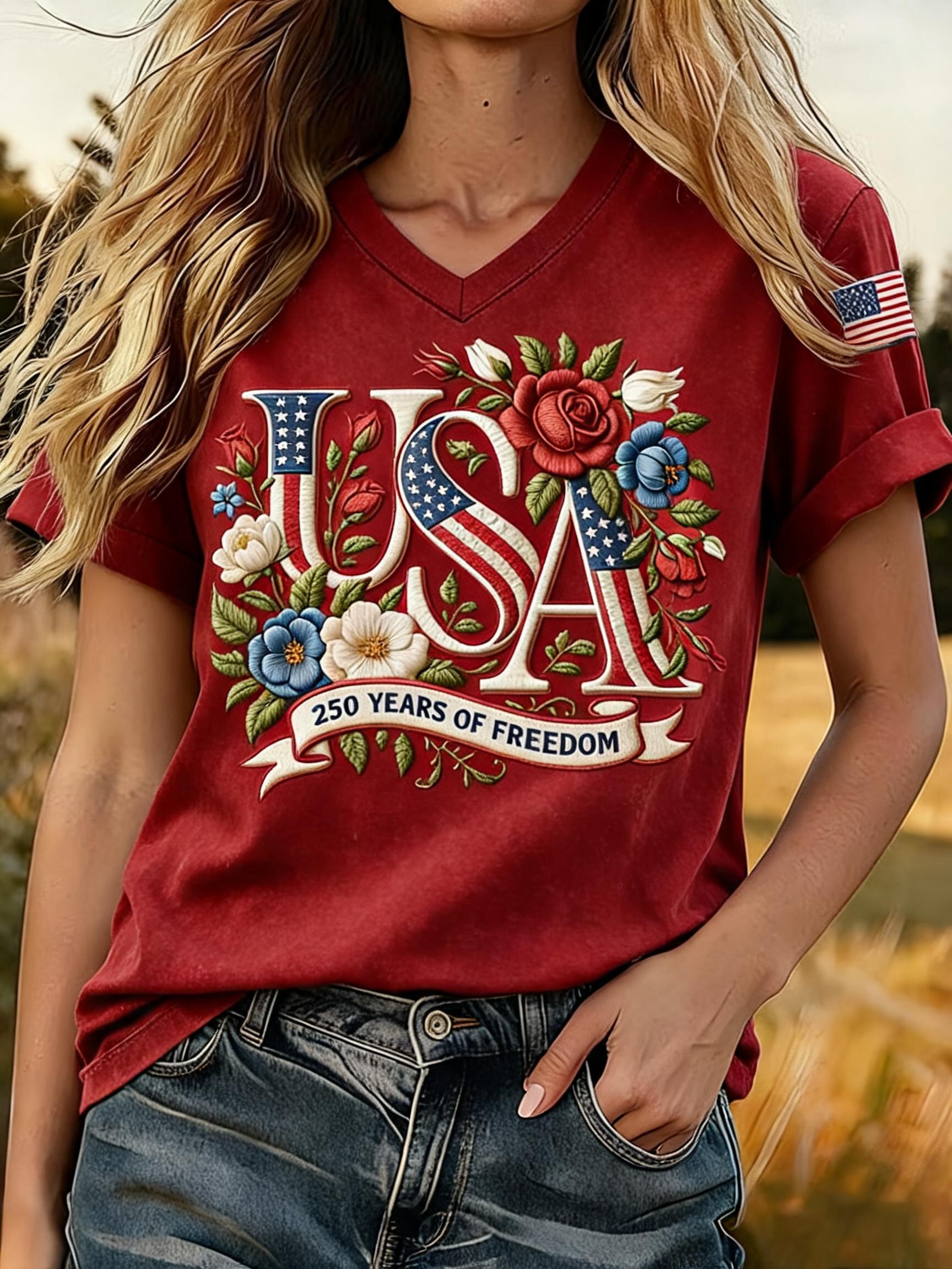 Women's 250th Anniversary Freedom Print V-Neck T-Shirt