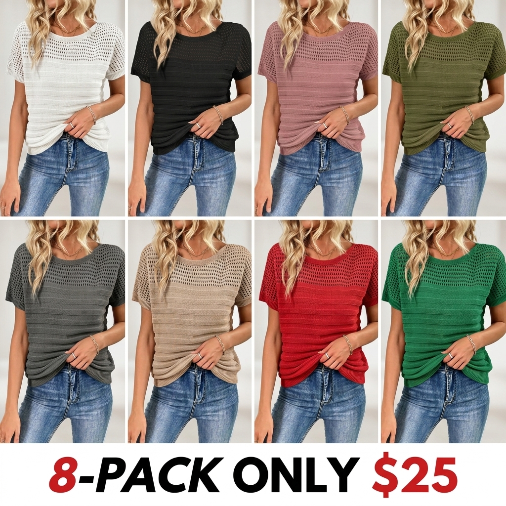 Women's Casual Round Neck Short Sleeve Eyelet Hollow Out Fitted Minimalist White Blouse Cute Tops