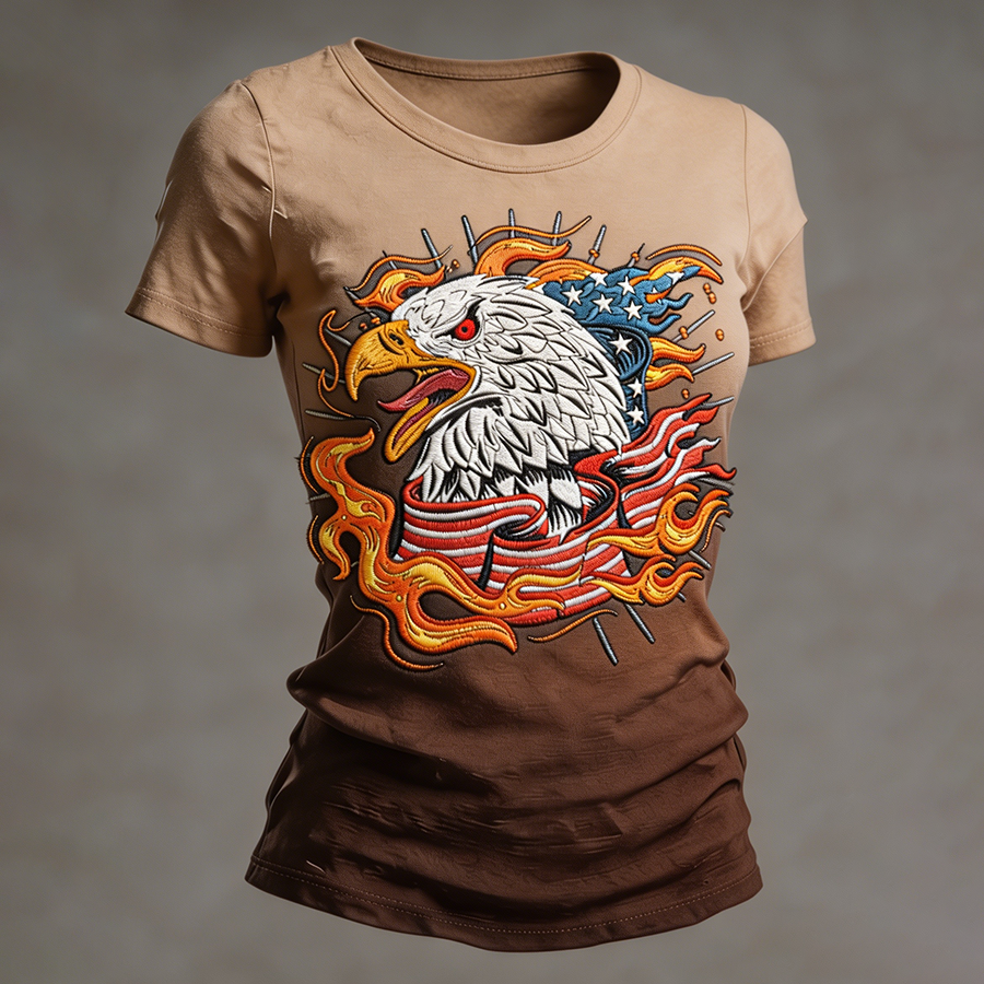 Women's Flame Bald Eagle American Flag Embroidered Gradient T-Shirt