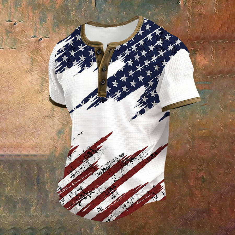 Men'S American Flag Printed Henry Collar Top