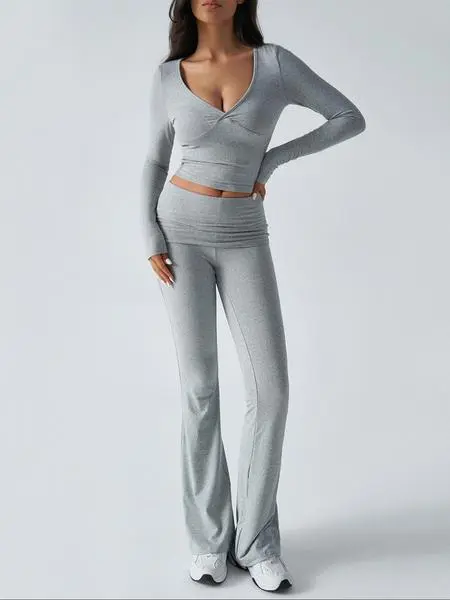 Elegant Casual V-Neck Long Sleeve Basic Two-Piece Outfit Set