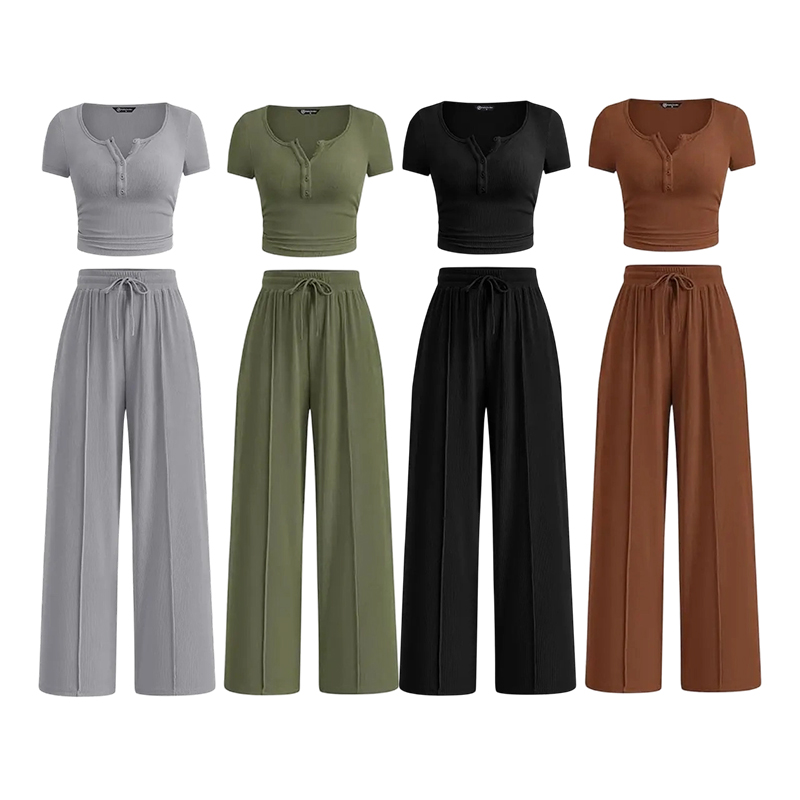 Women's Ribbed Crop Top & Wide Leg Pants Lounge Set