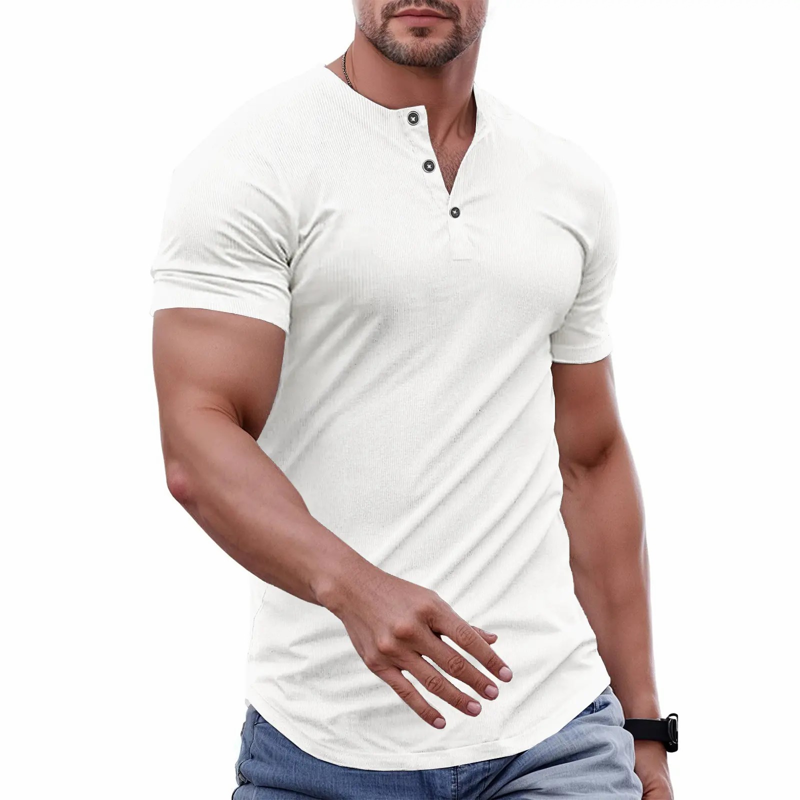 Men's Slim Fit Henley T-Shirt – Muscle Fit Longline Crewneck with Button Detail, Gym & Streetwear