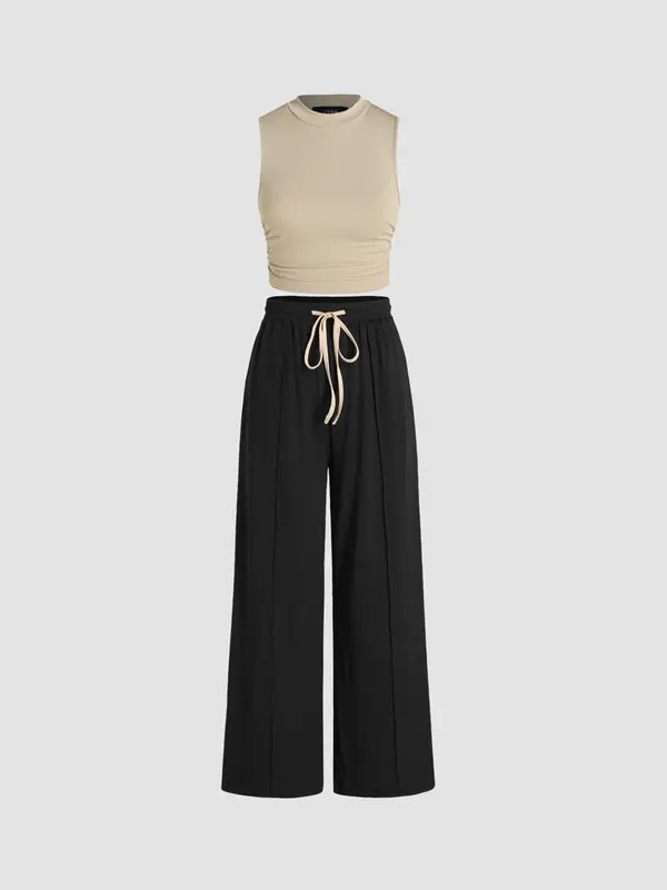 kendall same style Women's 2-Piece Ruched Tank Top and Elastic Waist Tie Trousers Set – Casual Lounge Outfit, 6 Colors