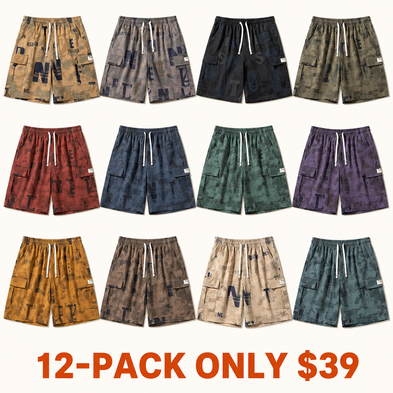 Men's Summer Shorts: Letter Print, Drawstring Design, Multi-Pocket