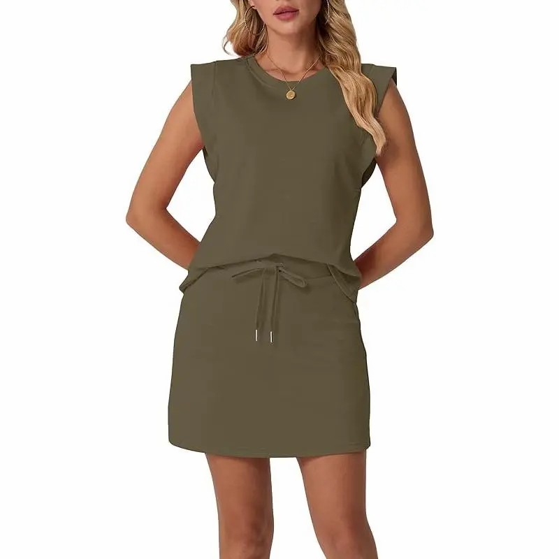 Women's Summer 2 Piece Skort Set Cap Sleeve Round Neck Top & Tennis Skirt with Pockets for Athletic & Casual