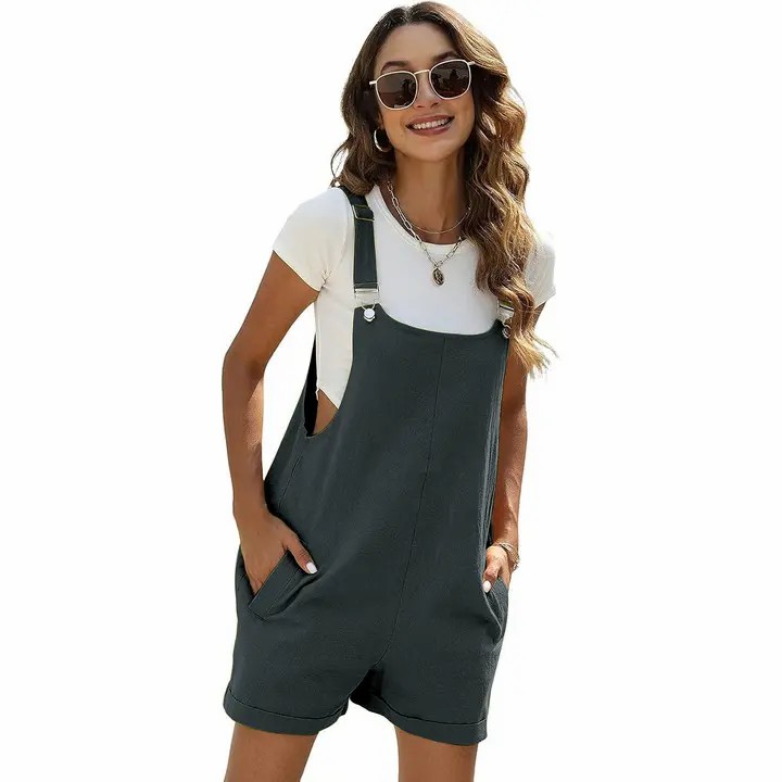 Women's Sleeveless Bib Shortalls – Cotton Linen Pinafore Overalls with Pockets & Adjustable Straps