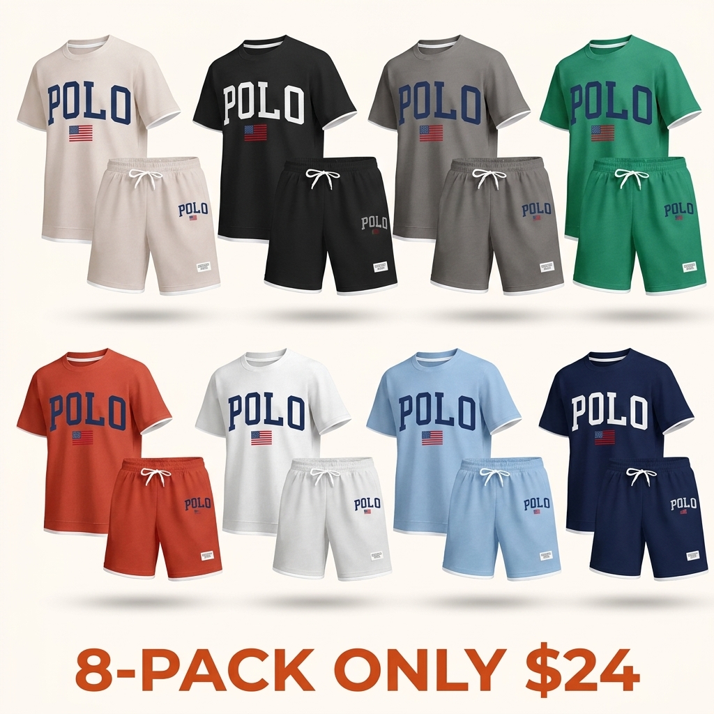 Men's Printed Polo Shirt and Drawstring Shorts Set