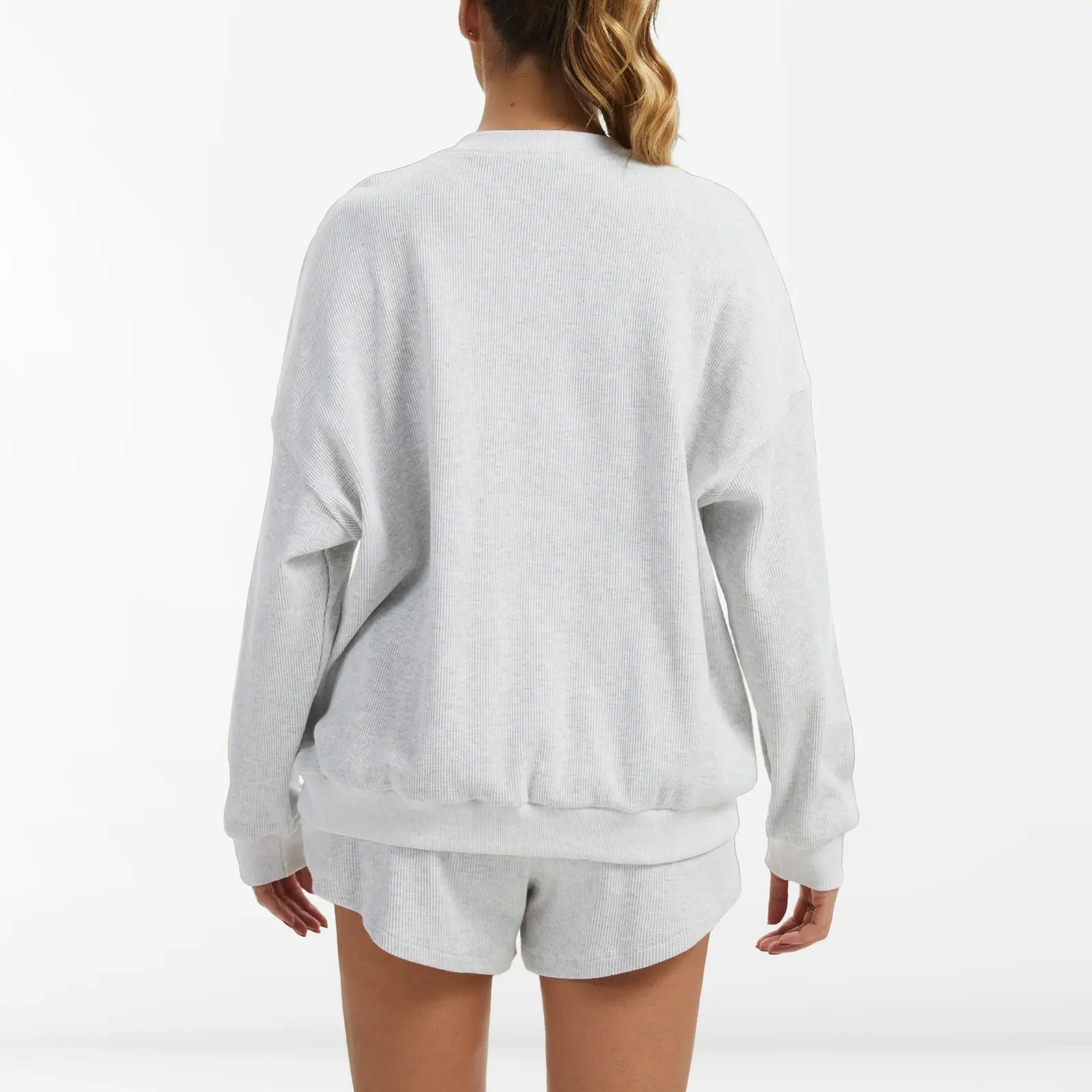 Women's Oversized Waffle Knit Lounge Set – Long Sleeve Henley Sweatshirt and High Waisted Shorts 2 Piece Casual Outfit Summervibes