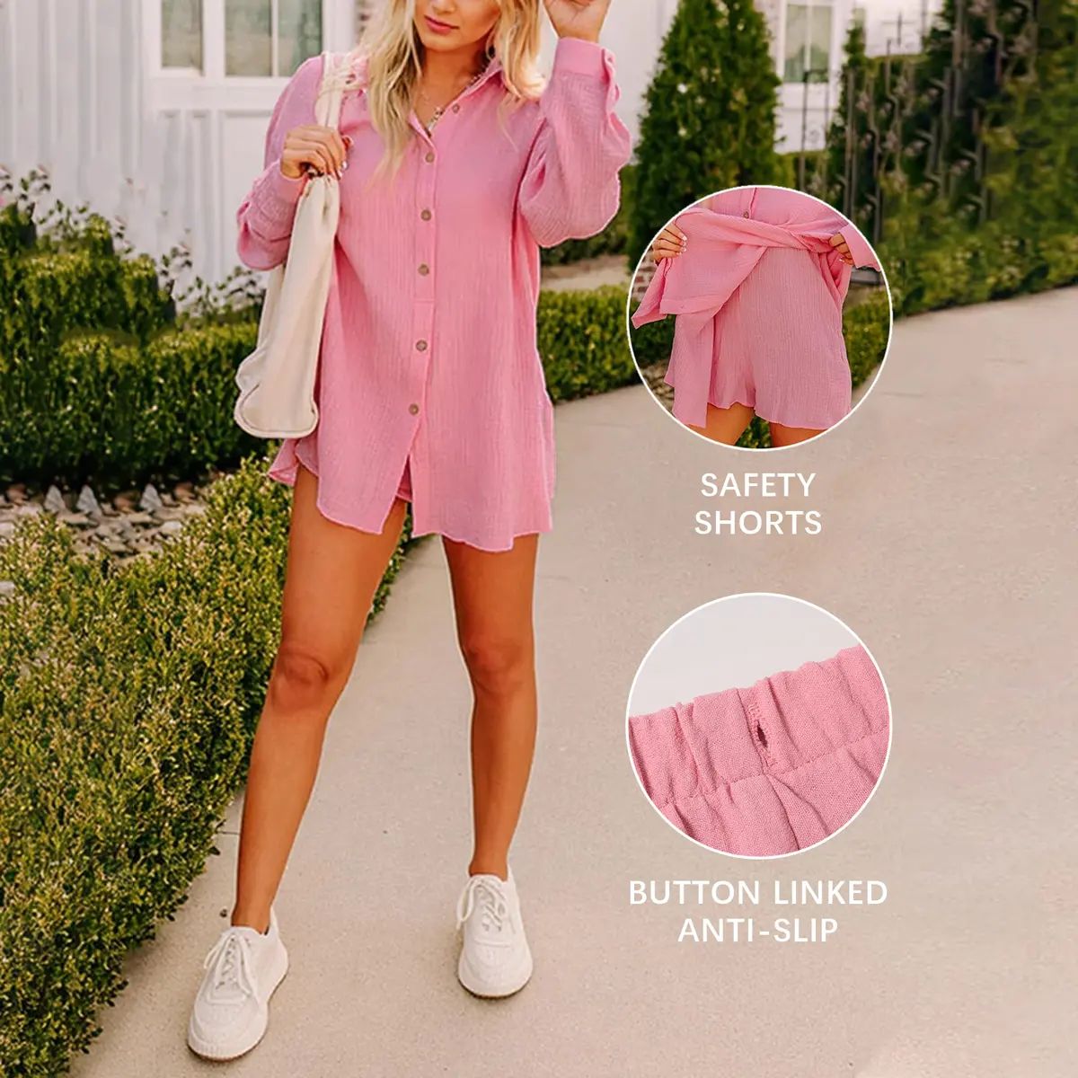 Womens Gauze Shirt & Shorts Set 2-in-1 Button Connected Oversized Long Sleeve Button-Down Top with Attachable Safety Shorts