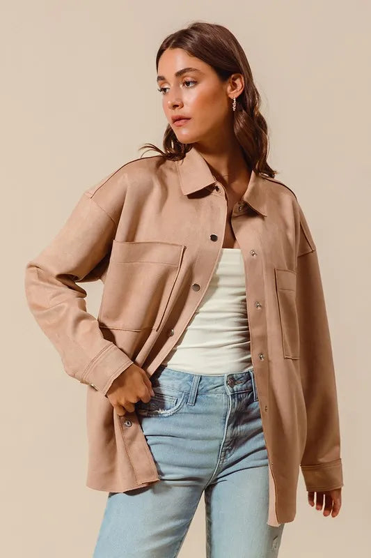 Faux Sued Snap Shacket with Collar and Pockets