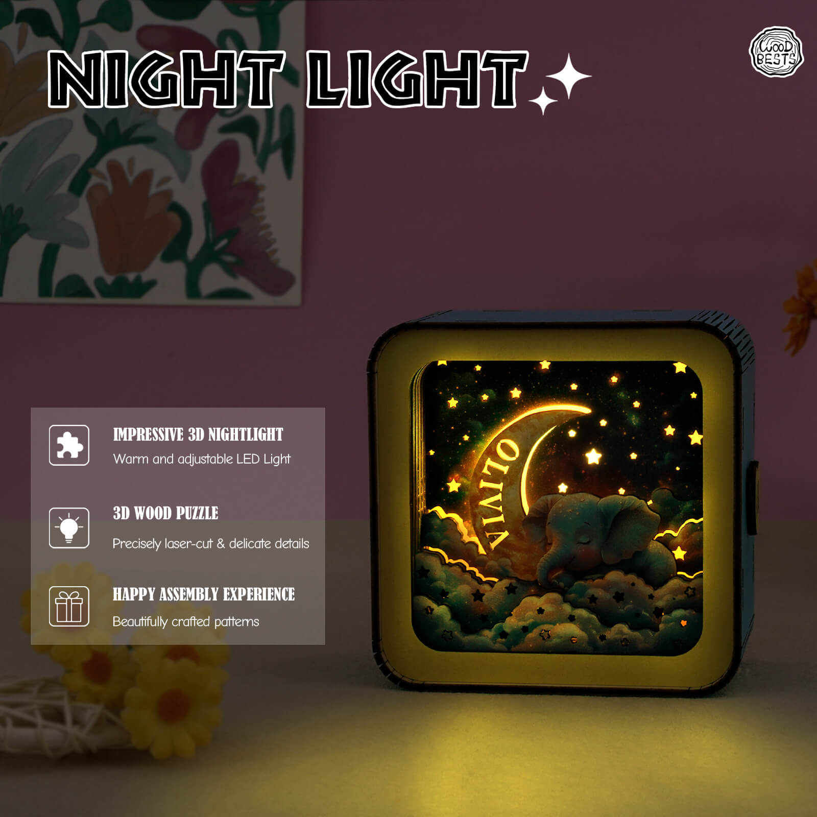 Dream Elephant 1 Kit - Personalized 3D Wooden Puzzle Night Light