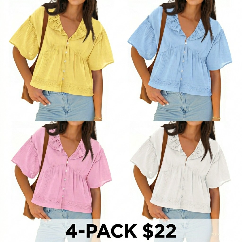 Women's Cropped Babydoll Top – V Neck Eyelet Blouse with Ruffle Sleeves & Button Front