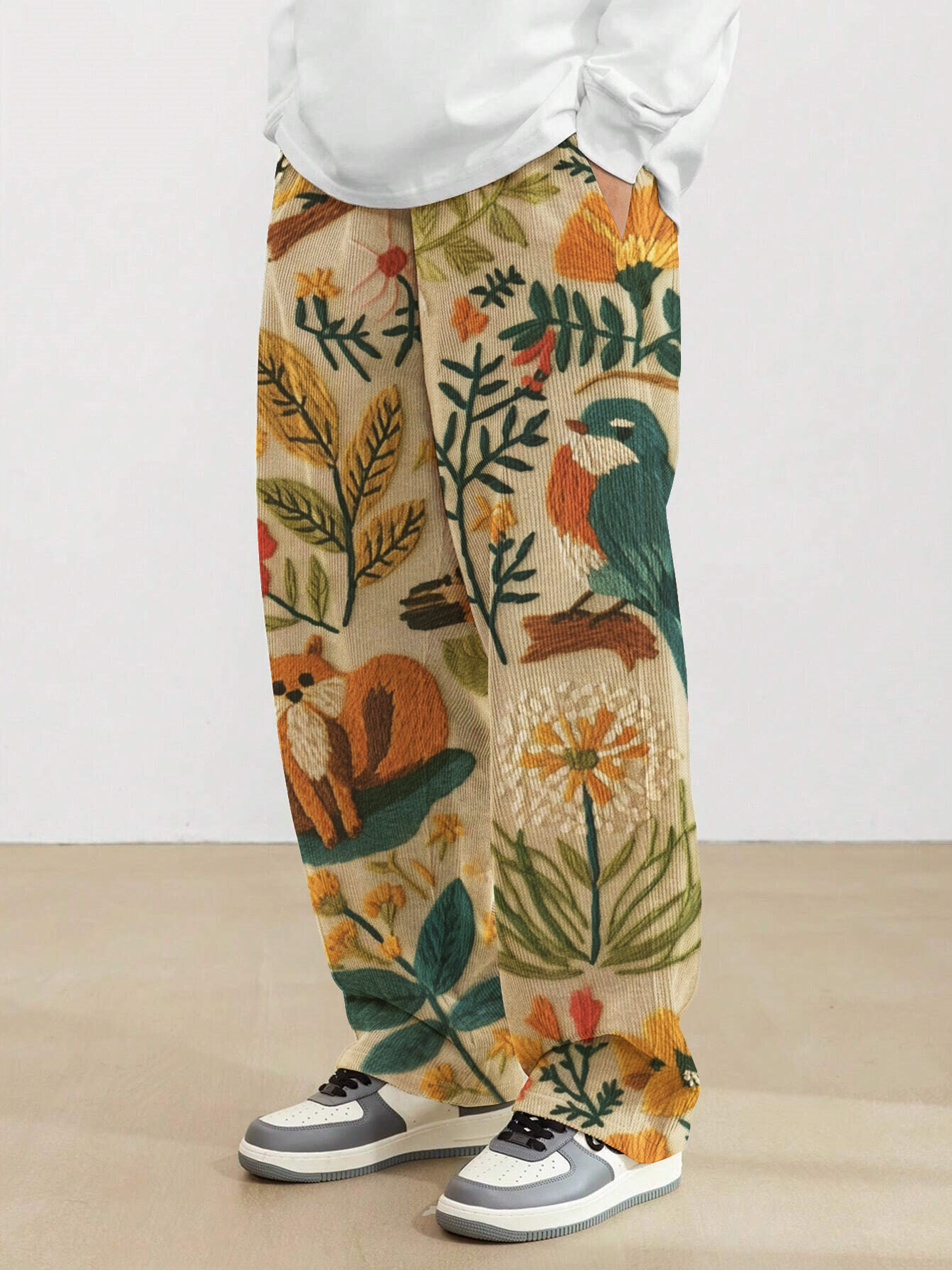 Men's Floral Bird Squirrel Print Loose Drawstring Waist Sweatpants