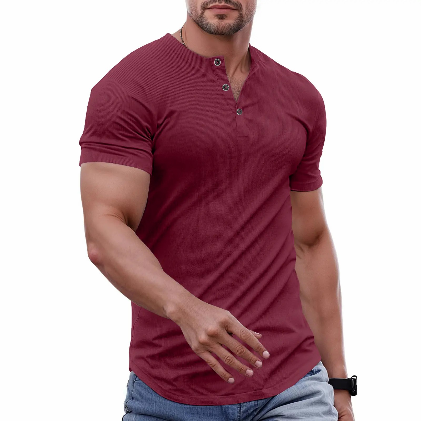 Men's Slim Fit Henley T-Shirt – Muscle Fit Longline Crewneck with Button Detail, Gym & Streetwear