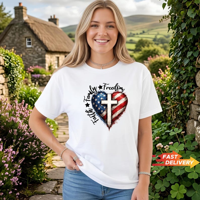 Faith Family Freedom Cross Shirt, Patriotic Christian 4th of July Tee