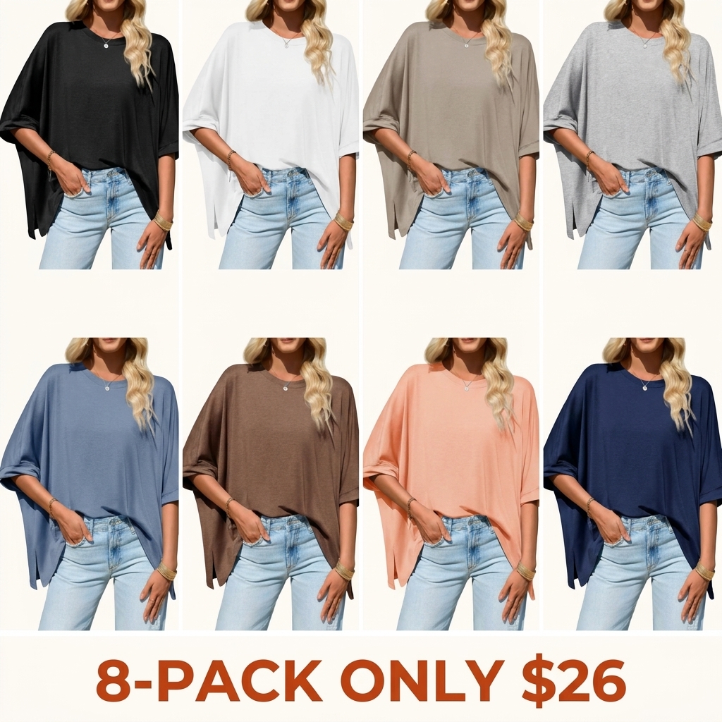 Women's Loose T-Shirt: Batwing Sleeve Cropped Top & Irregular Hem Casual Summer Long-Style Tee