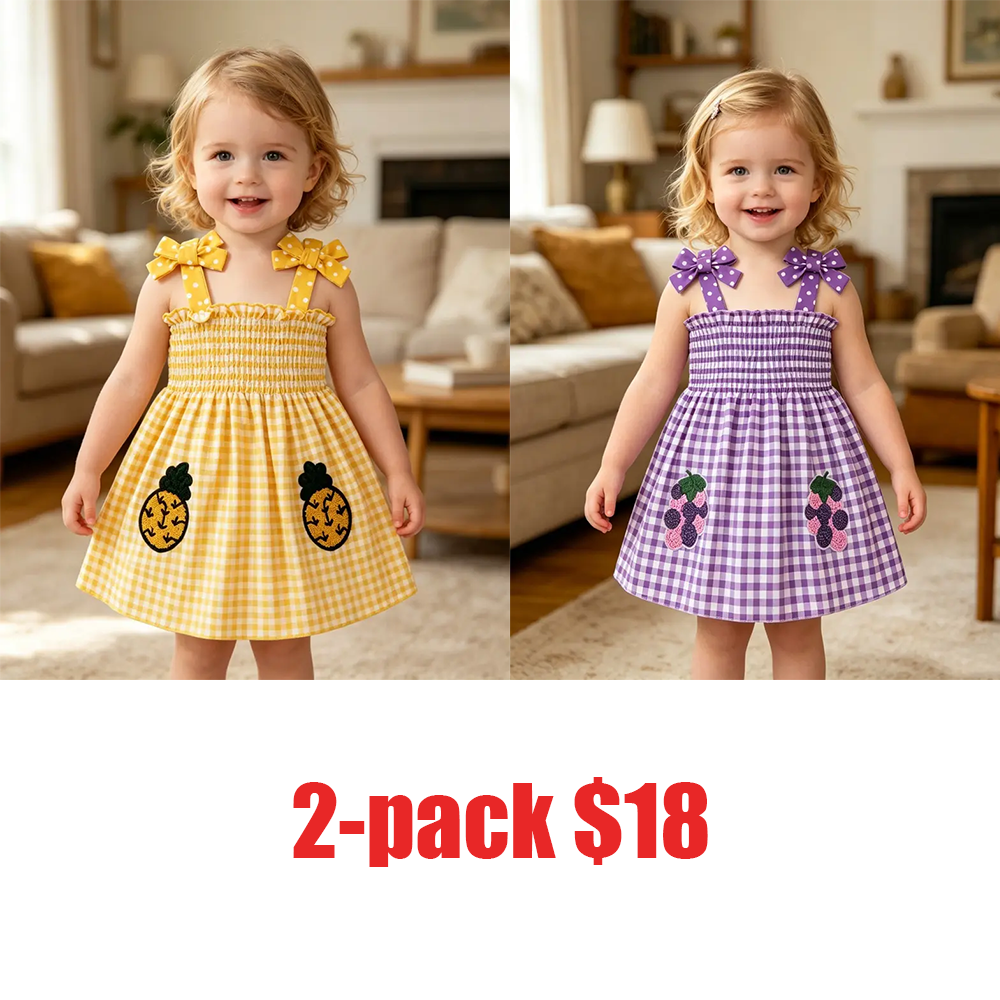 🌞 Cute & Sweet Summer Set for Girls! Plaid & Fruit Prints, Bow Shoulder Straps, 4-Piece Versatile Kids' Outfit for Summer Fun! 👗🍉