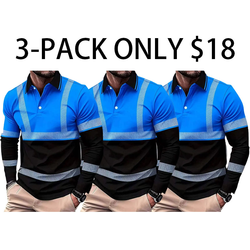 Workwear-style Casual men's long-sleeved premium fitted polo shirt -Full-width reflective stripe design
