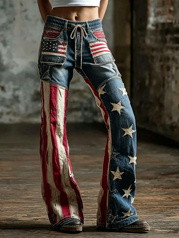 Women's American Flag Star Patchwork Print Casual Pants