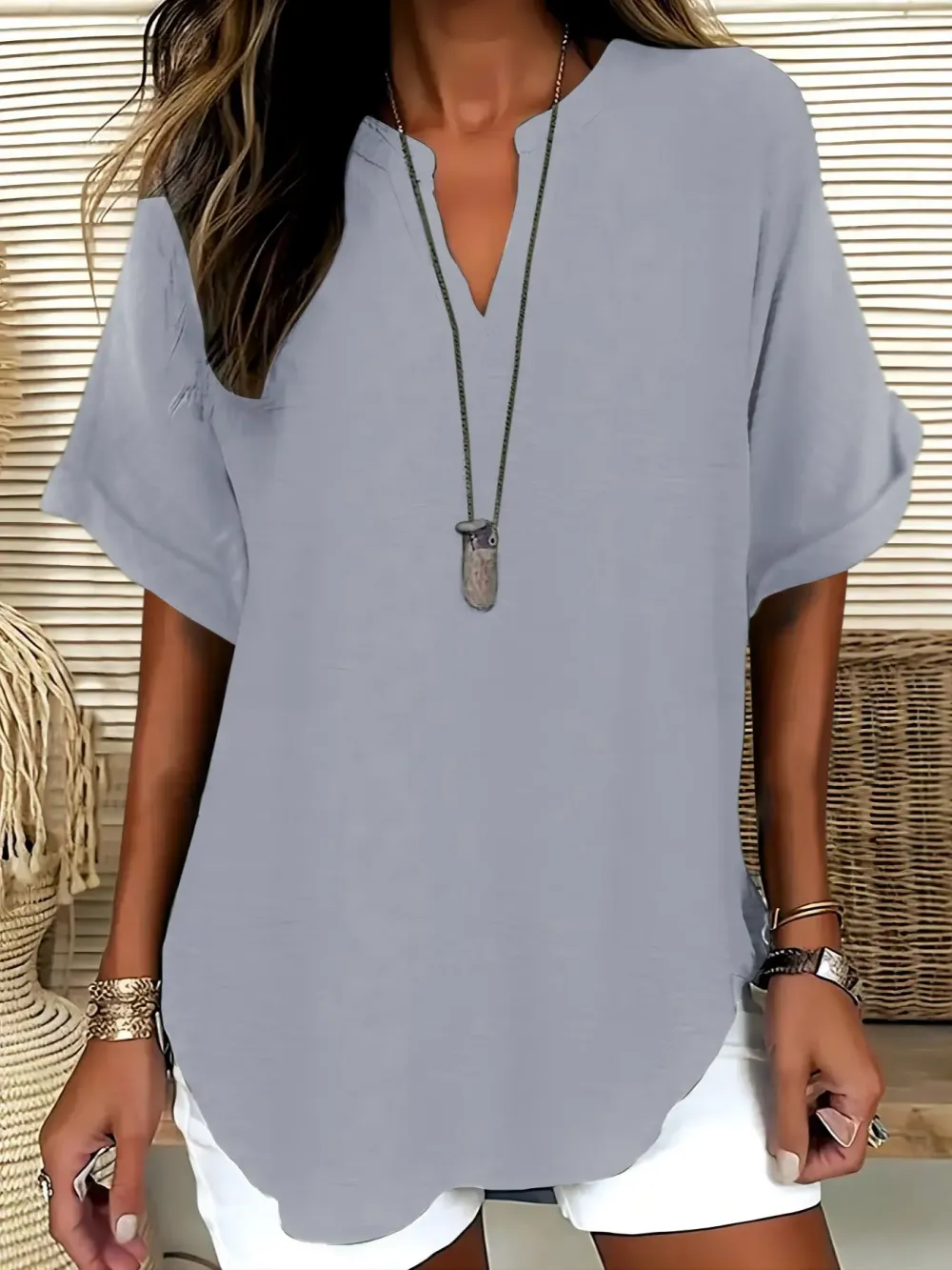 Women's solid color short-sleeved shirt, suitable for everyday wear, all year round