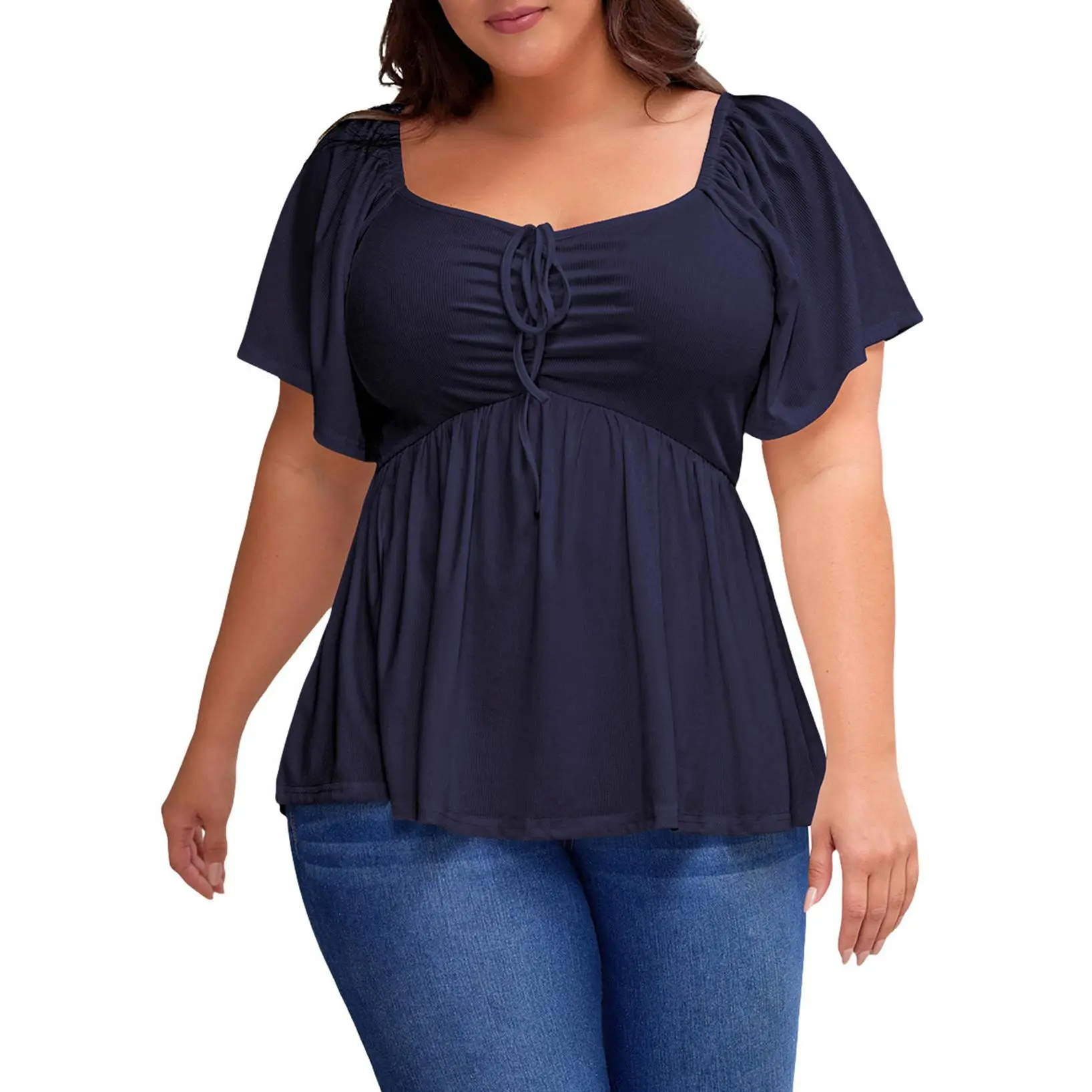 Women Sweetheart Neck Short Sleeve Shirred Peplum Rib Blouse Tops Shirts