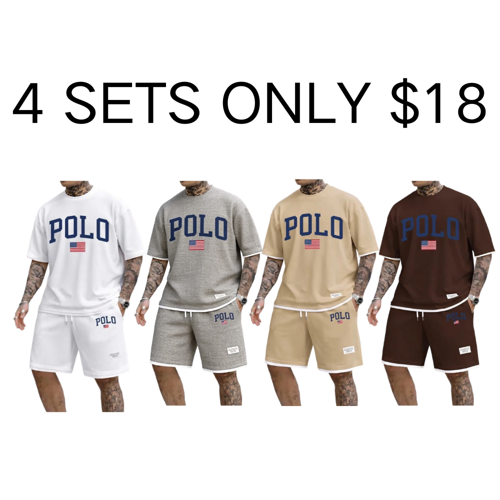 Men's Polo Print Drawstring Shorts Set