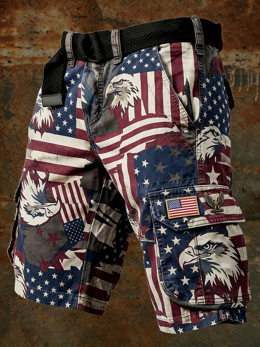Men's Vintage USA Flag Bald Eagle All Over Print Denim-Like Casual Shorts