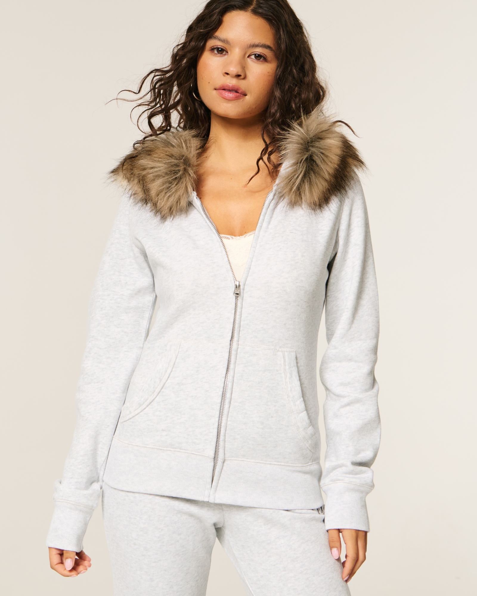 Faux Fur Trim Zip-Up Hoodie