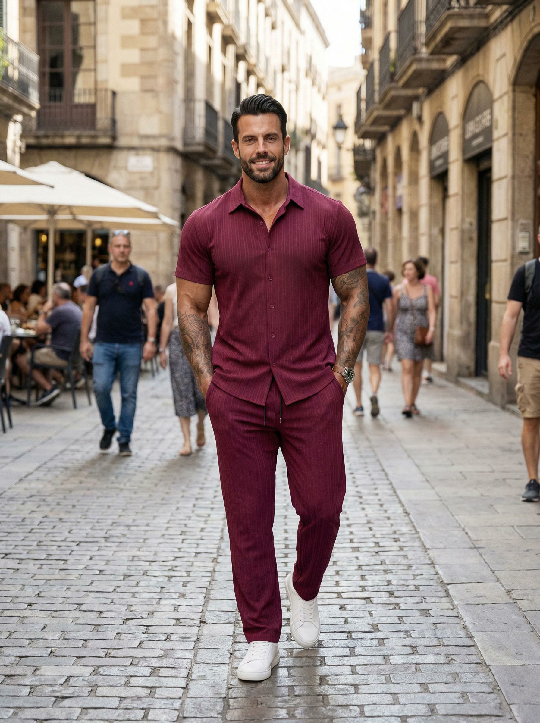 Men's Maroon Button-Front Shirt & Drawstring Pocket Trousers Set