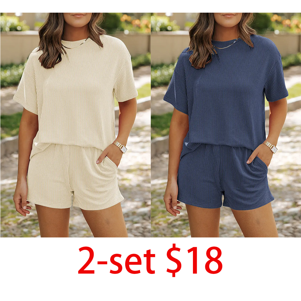Women's 2-Piece Short Sleeve Twisted Thread Shirt & Shorts Set – Ribbed Textured Lounge Pajamas with Pockets